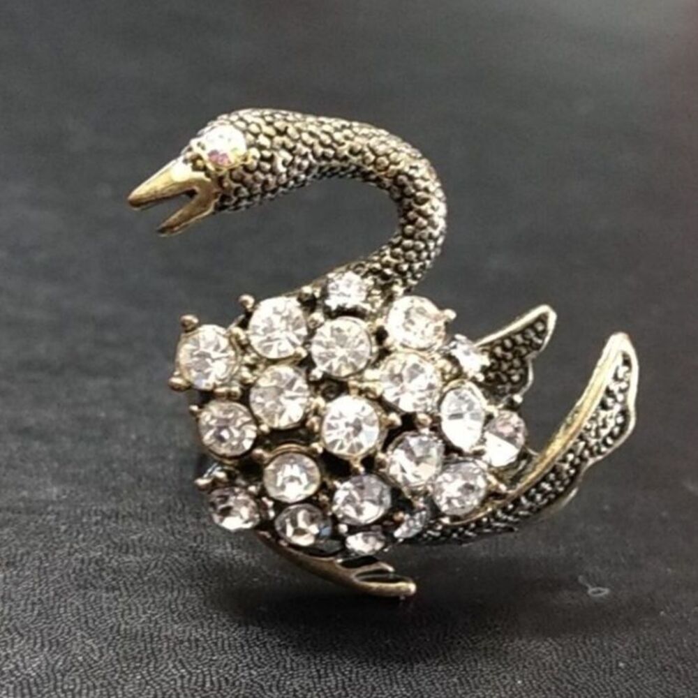 Bronze colored clear rhinestone swan statement ring adjustable